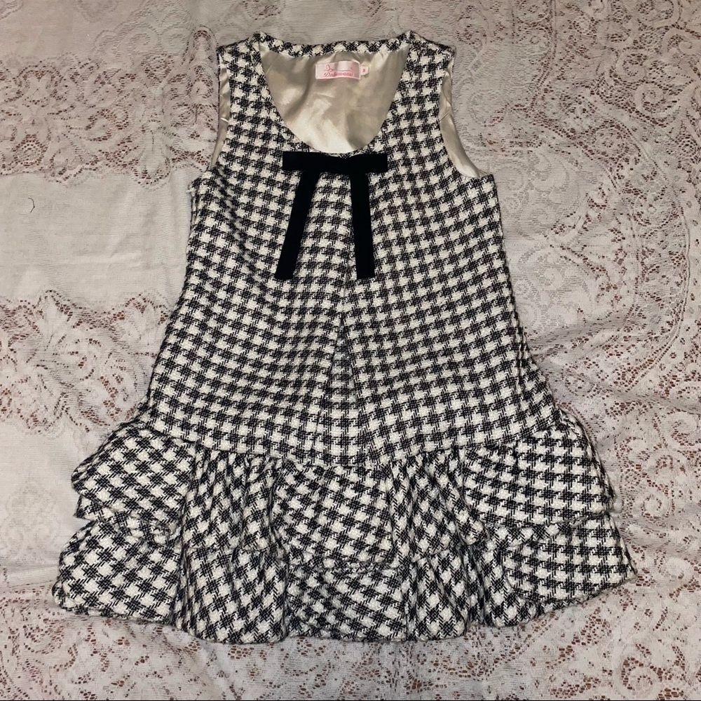 Girls Black & White Houndstooth Mini Dress with Bow